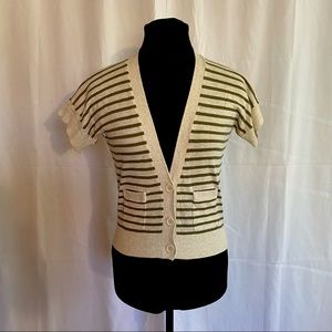 Cream & olive green striped, short sleeve cardigan w/ pockets